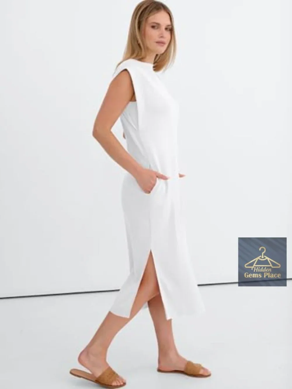 Women's Casual Midi Dress Sleeveless Crewneck Loose Split Wrinkle-Free